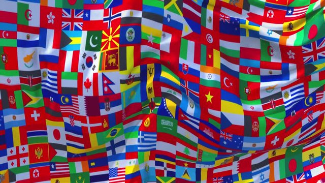 336. Word Multi Country Flag Waving in Wind Slow Motion Animation . 4K Realistic Fabric Texture Flag Smooth Blowing on a windy day Continuous Seamless Loop Background.