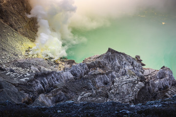 Landscape of Kawah Ijen volcano in sunrise scene of Indonesia