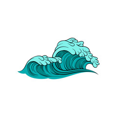 Vector illustration of stormy sea wave with foam. Blue ocean water. Marine theme. Element for poster of surfing competition