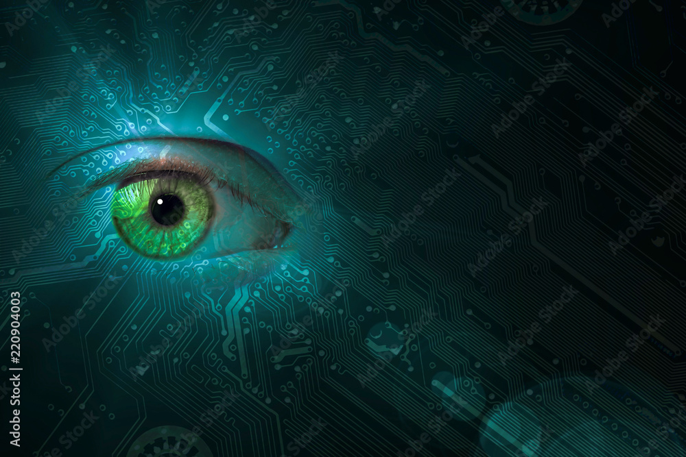Poster data eye with technical background. one eye glows on a cirvuit board pattern with copy space for you