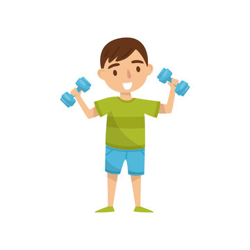 Cute boy character exercising with dumbbells, kids activity, daily routine vector Illustration on a white background