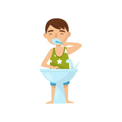 Cute boy brushing his teeth in bathroom after or before bedtime, kids activity, daily routine vector Illustration on a white background