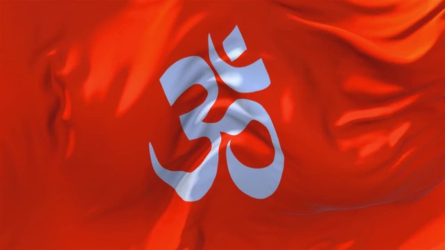 337. Hindu Symbol Om Flag Waving in Wind Slow Motion Animation . 4K Realistic Fabric Texture Flag Smooth Blowing on a windy day Continuous Seamless Loop Background.