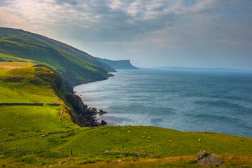 Scenic landscape of green coastline at Torr Head, Antrim, Northern Ireland. Causeway coastal route