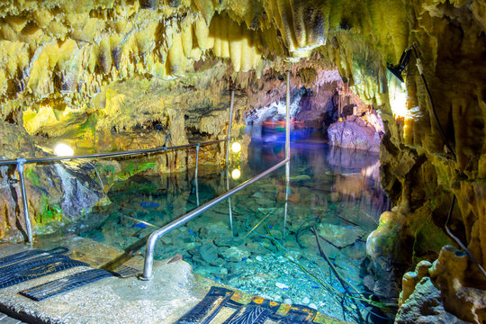 The magnificent and majestic caves of Diros in Greece. A spectacular sight of stalacites and stalagmites which took millions of years to form.The cave is located underground and can be viewed by boat.