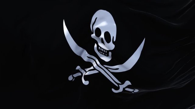 338. Pirate Flag Flag Waving in Wind Slow Motion Animation . 4K Realistic Fabric Texture Flag Smooth Blowing on a windy day Continuous Seamless Loop Background.