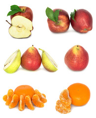 a lot of ripe and juicy fruit on a white background. Apples and pears and Mandarin together. 
