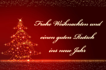 Fototapeta na wymiar gold glittering Christmas tree against a red blurred background with the text Frohe Weihnachten und einen guten Rutsch ins neue Jahr