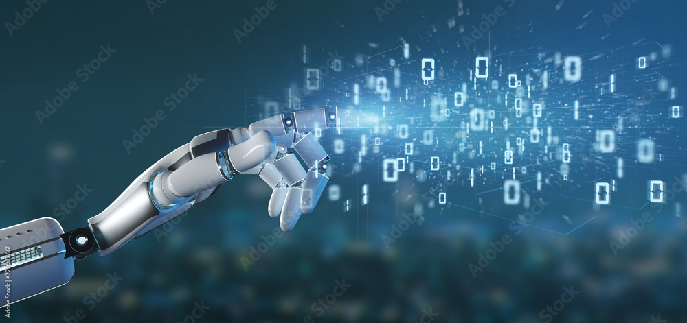 Poster cyborg hand holding a data binary cloud 3d rendering