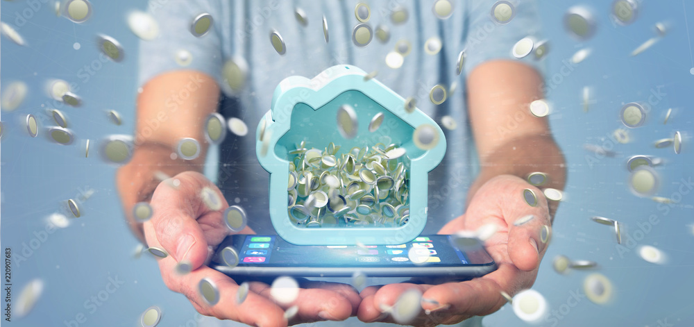 Aufkleber man holding a house moneybox with coin surrounding all over 3d rendering