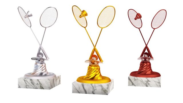 Badminton Gold Silver and Bronze Trophies with Shufflecocks in Infinite Rotation