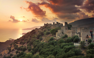 Fototapeta na wymiar View of the picturesque medieval village of Vatheia with towers, Lakonia, Peloponnese, Greece.