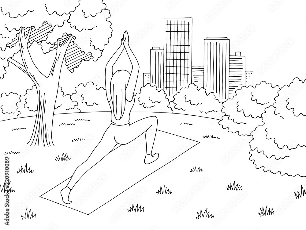 Wall mural park graphic black white landscape sketch illustration vector. woman practicing yoga