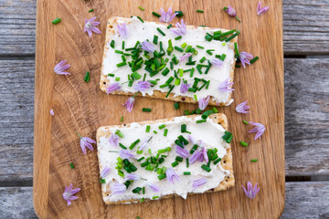 Two dairy and lactose-free vegan cream cheese spread made from cashew and macadamia nuts on...