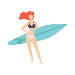 Young woman standing with surfboard, young woman enjoying summer vacation on the sea or ocean vector Illustration on a white background