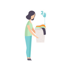 Young woman holding basket with old clothes, people gathering, sorting waste for recycling vector Illustration on a white background