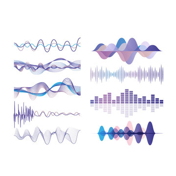 Sound waves set, audio digital equalizer technology, musical pulse vector Illustrations on a white background