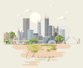 Illinois state. United States of America. Postcard from Chicago and Springfield. Travel vector - 220911617