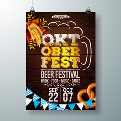 Oktoberfest party poster vector illustration with fresh beer in typography letter, pretzel, wheat, Bavaria flag and autumn leaves on wood texture background. Celebration flyer template for traditional