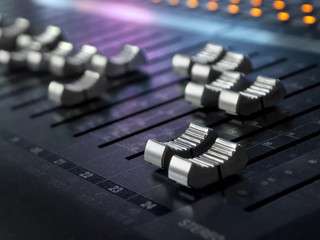 Sound Recording Studio Mixing Desk Closeup. Mixer Control Panel