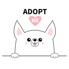 Chihuahua dog head face. Hands paw holding line. Adopt me. Help homeless animal Pet adoption. Pink heart. Cute cartoon puppy character. Funny baby pooch. Flat design. White background