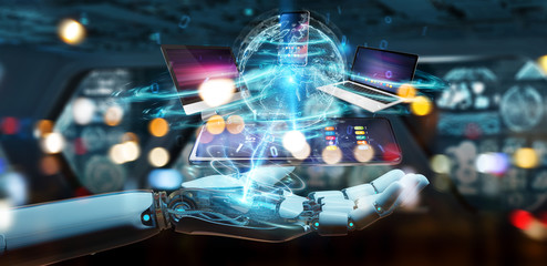 Modern devices connected in robot hand 3D rendering