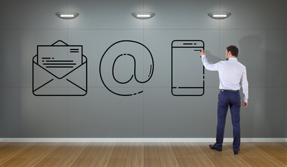 Businessman drawing thin line contact icon