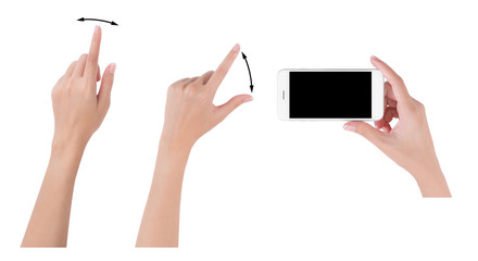 Woman hands holding smart phone with blank screen display, Collection of index finger and pinch fingers for touch or zoom, digital and communication concept, Isolated on white background