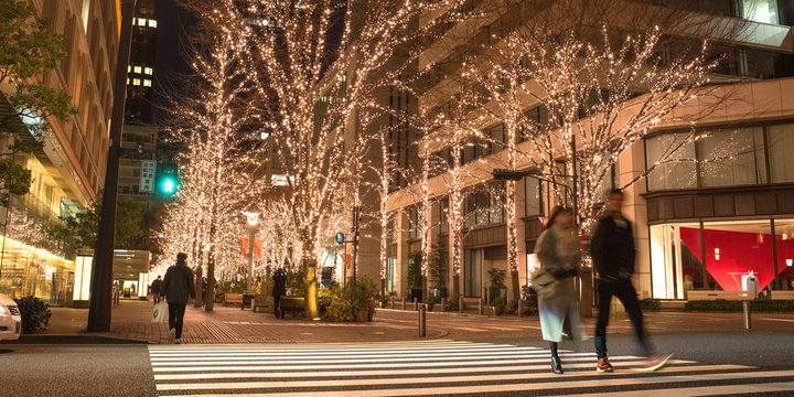 Couple walking on illuminated street in Marunouchi, Tokyo　丸の内イルミネーション