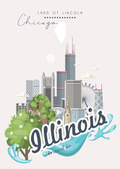 Fototapeta premium Illinois state. United States of America. Postcard from Chicago and Springfield. Travel vector