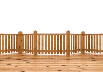 3D render. Illustration of spruce wood terrace, porch or balcony. Isolated on white backgroud