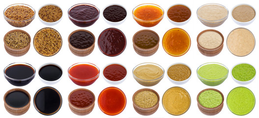Different sauces isolated on white background