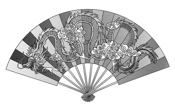 Chinese fan with decorative gragon isolated on white