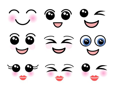 Cute Kawaii Style Faces set vector