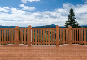 3D render. View from red wood terrace, porch or balcony on summer nature. Tree and hills
