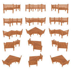 Fototapeta premium 3D render. Illustration of red wood terrace, porch or balcony set in different views. Isolated on white background