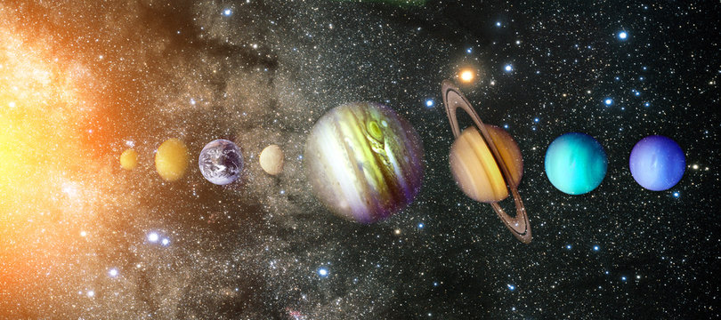 Planets of the solar system. Sun, Mercury, Venus, Earth, Mars, Jupiter, Saturn, Uranus, Neptune. Galaxy, nebulae, stars. Outer space.  Elements of this image furnished by NASA