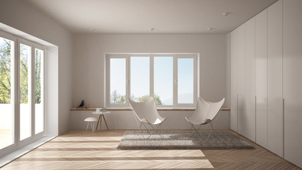 White minimal living room with armchair carpet, parquet floor and panoramic window, scandinavian architecture, modern interior design