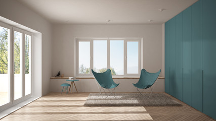 White and blue minimal living room with armchair carpet, parquet floor and panoramic window, scandinavian architecture, modern interior design