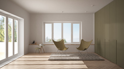 Fototapeta premium White and yellow minimal living room with armchair carpet, parquet floor and panoramic window, scandinavian architecture, modern interior design