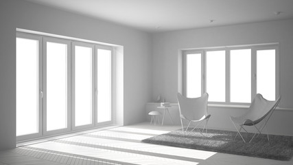 Total white project of minimal living room with armchair carpet, parquet floor and panoramic window, scandinavian architecture, modern interior design