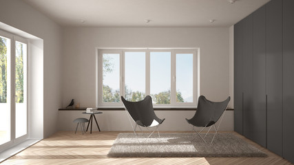 White and gray minimal living room with armchair carpet, parquet floor and panoramic window, scandinavian architecture, modern interior design