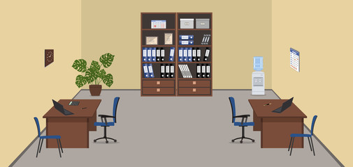 Beige office room with a brown furniture. There are desks, blue chairs, cabinets for documents, water cooler and flower in the picture. Vector illustration.