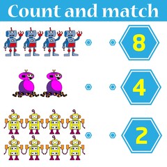 Counting game for preschool kids. Educational and mathematical game for children. Count and match - worksheet for kids