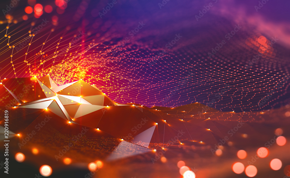 Aufkleber Blockchain technology. Digital neural network. 3d illustration of the information concept of future on a dark background