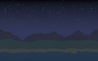 Starry moonless sky. Ocean shore line with waves on a beach. Island beach paradise with waves. Vacation, summer, relaxation. Seascape, seashore. Minimalist landscape, primitivism. 3D illustration