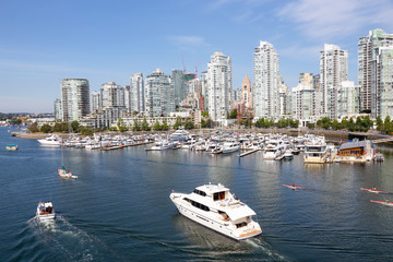 Fototapeta na wymiar Vancouver, BC, Canada - August 5, 2018: Aerial view of False Creek during a sunny summer day.