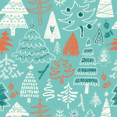 Materiał do szycia Funny doodle christmas pine trees seamless pattern. Hand kids dr