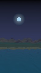 Moon Sea Beach. Midnight. Ocean shore line with waves on a beach. Island beach paradise with waves. Vacation, summer, relaxation. Seascape, seashore. Minimalist landscape, primitivism. 3D illustration