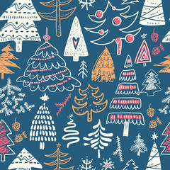 Materiał do szycia Funny doodle christmas pine trees seamless pattern. Hand kids dr